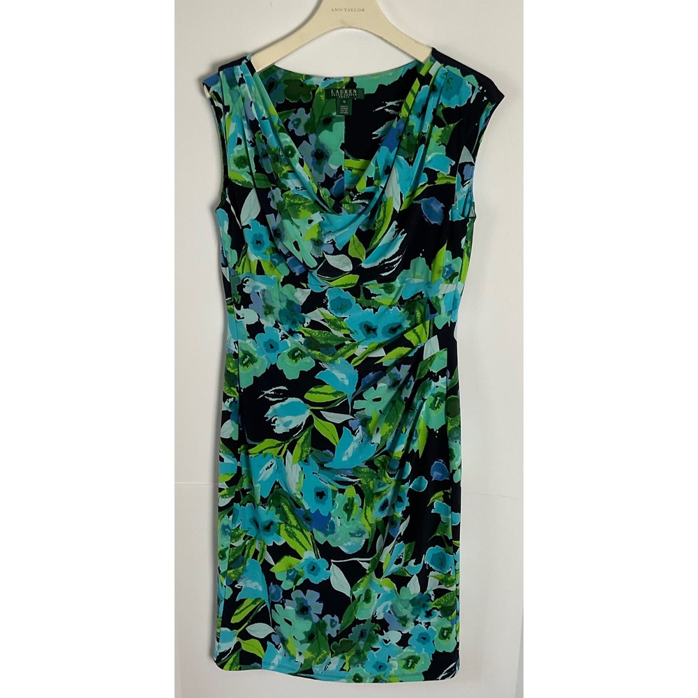 Lauren Ralph Lauren Floral Cowl Neck Ruched Sheath Dress Blue Green Navy Size 12